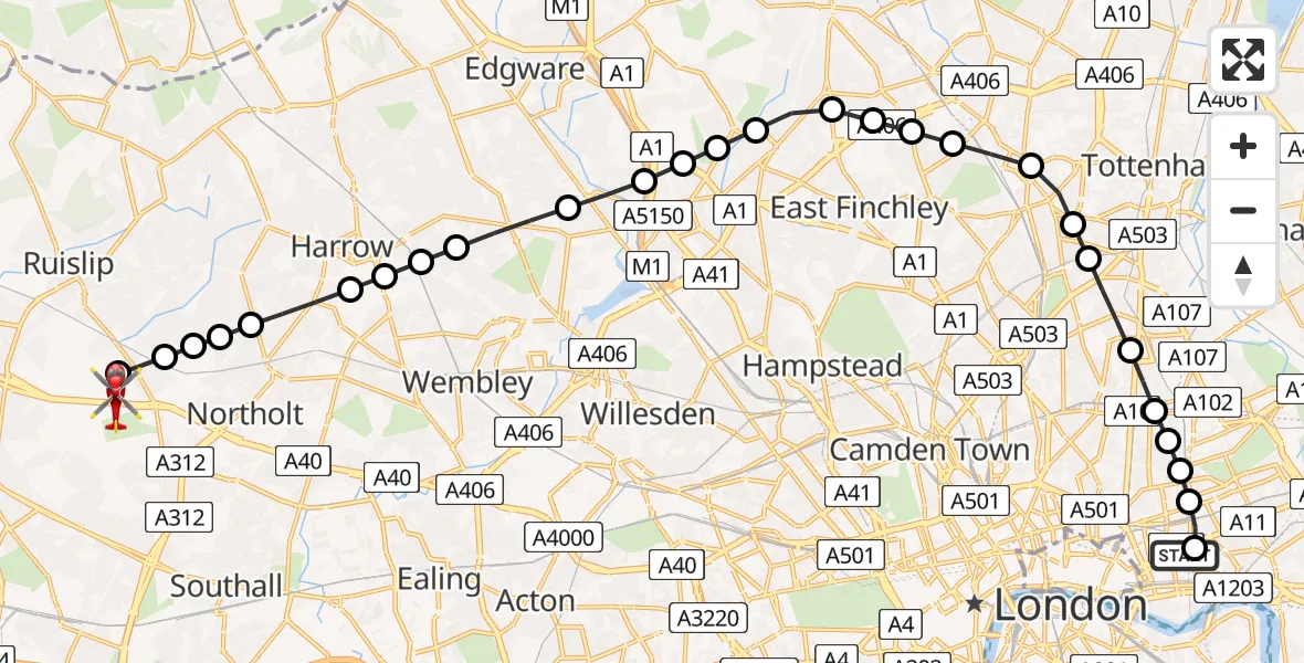 Flight route Air Ambulance Helicopter Royal London Hospital - RAF Northolt, 21 June 2026, 20:25