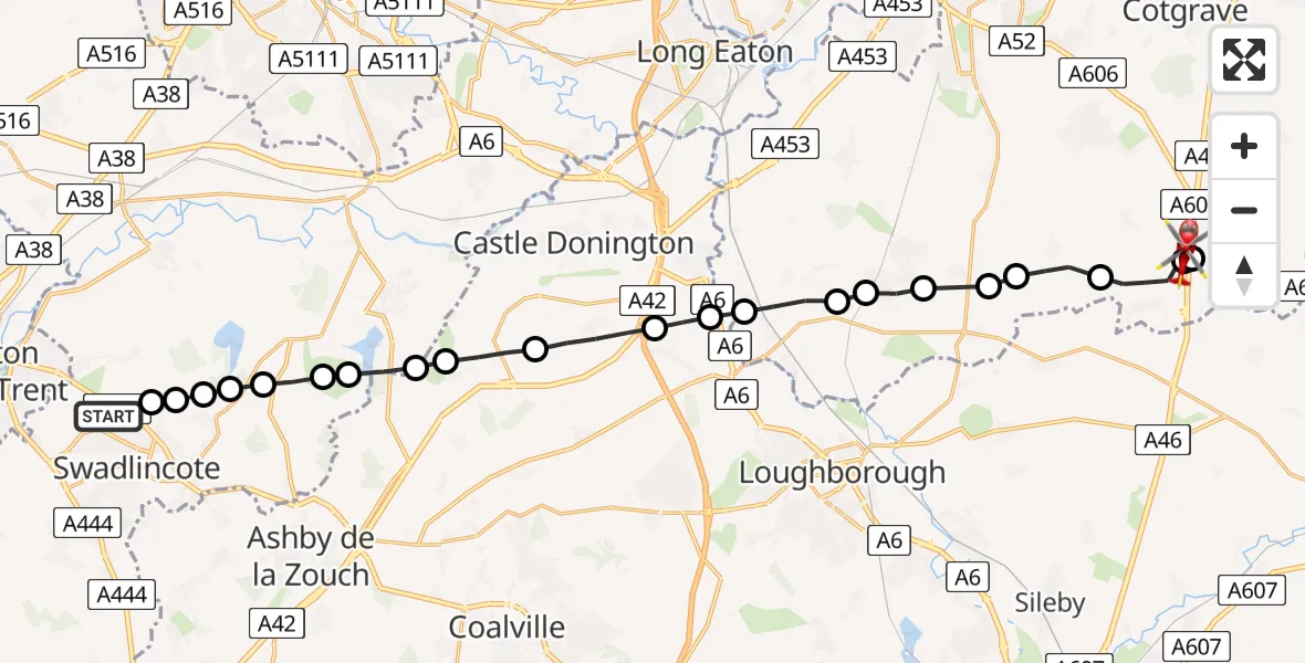 Flight route Air Ambulance Helicopter Newhall - Nottingham Heliport, 21 June 2026, 20:31