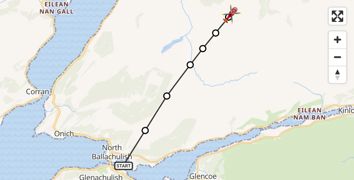 Flight route Air Ambulance Helicopter North Ballachulish - Glas Chreag, 21 June 2026, 20:34