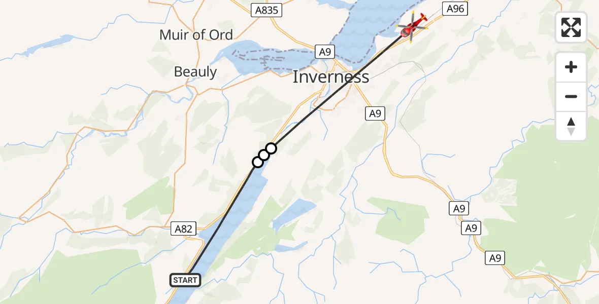 Flight route Air Ambulance Helicopter Loch Ness - Inverness, 21 June 2026, 20:53