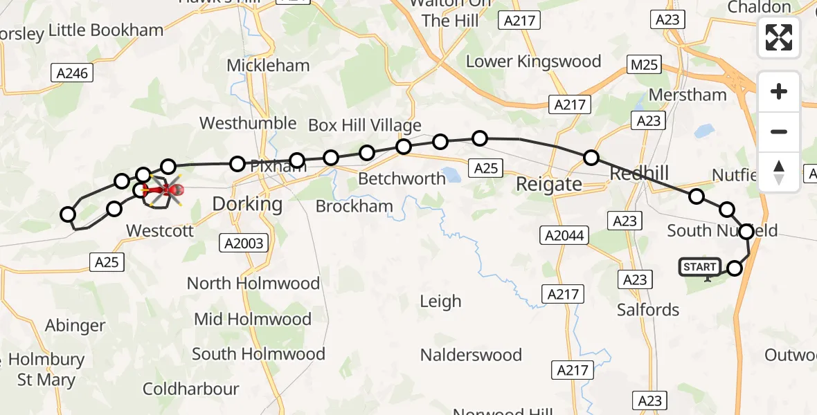 Flight route Air Ambulance Helicopter Redhill Aerodrome - Westcott, 21 June 2026, 21:07