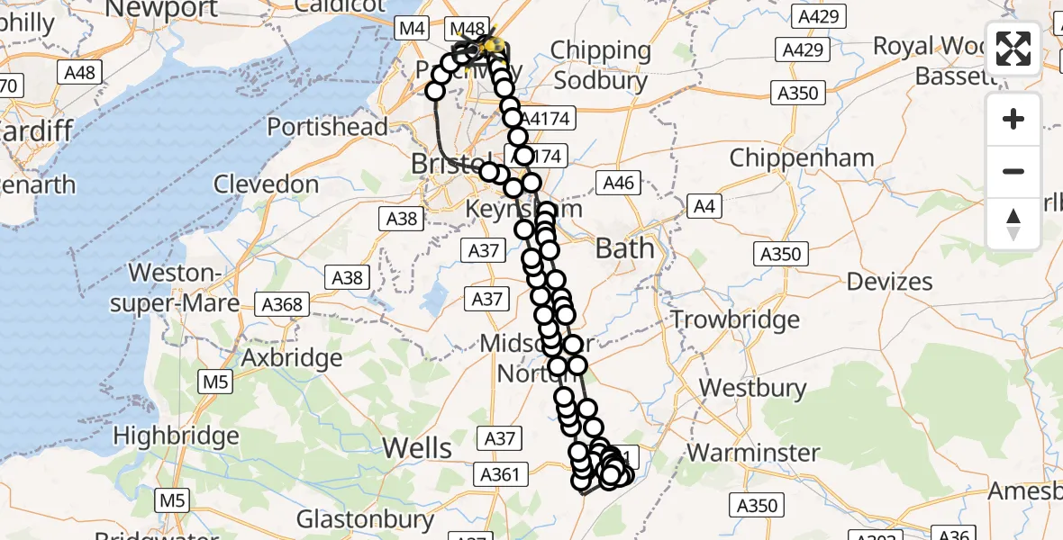 Flight route Police Helicopter Almondsbury Helicopter Base - Almondsbury Helicopter Base, 21 June 2026, 21:20