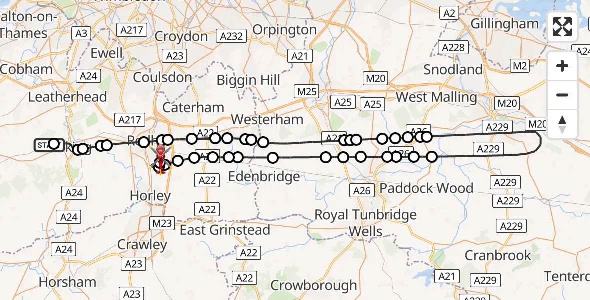 Flight route Air Ambulance Helicopter Westcott - Redhill Aerodrome, 21 June 2026, 21:31