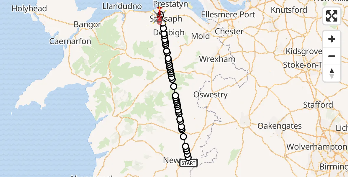 Flight route Air Ambulance Helicopter Ceri - Rhyl, 21 June 2026, 21:41