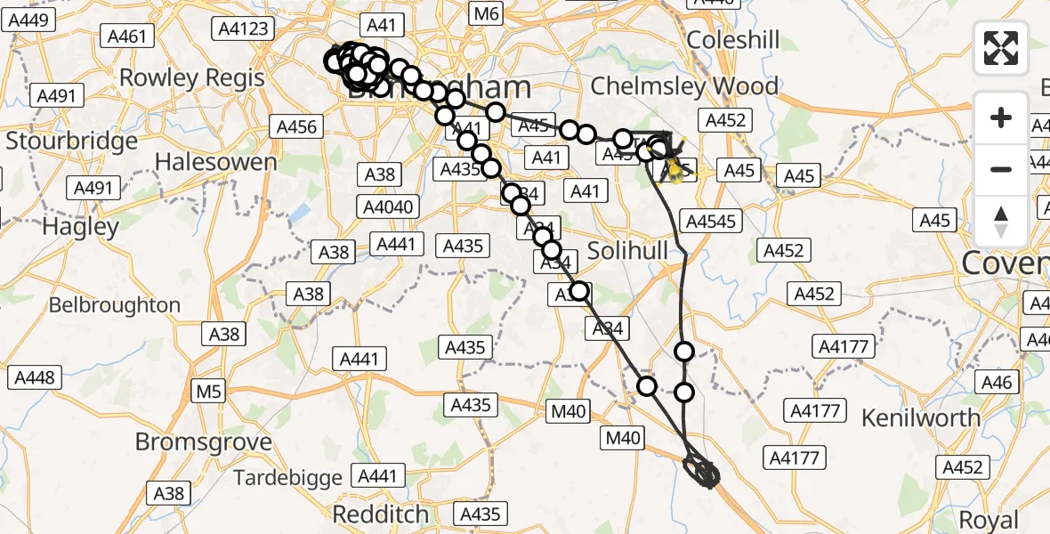 Flight route Police Helicopter Sheldon - Birmingham Airport, 21 June 2026, 22:05