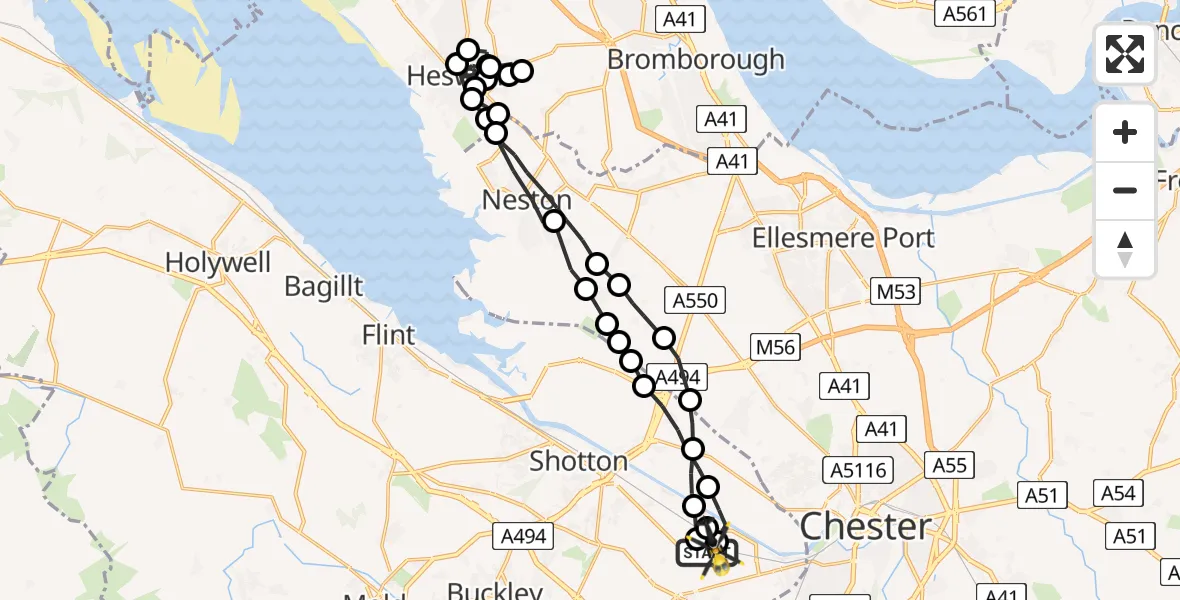 Flight route Police Helicopter Hawarden Airport - Hawarden Airport, 21 June 2026, 22:07