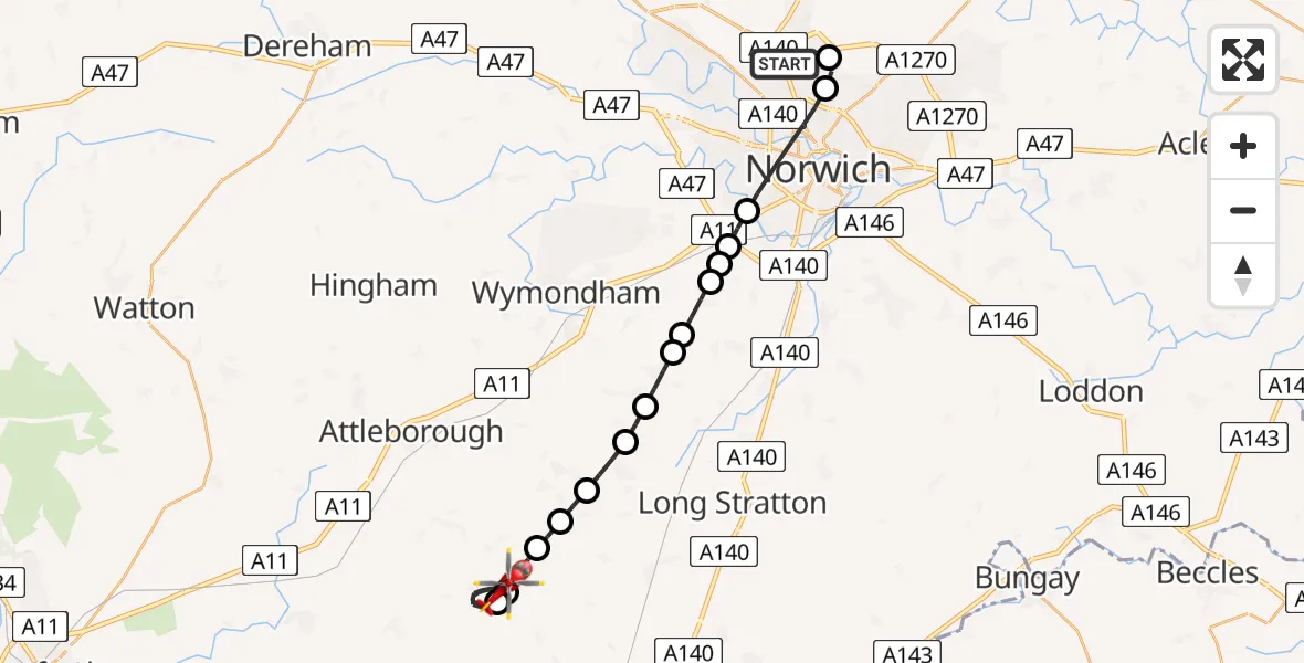 Flight route Air Ambulance Helicopter Norwich Airport - Banham, 21 June 2026, 22:11