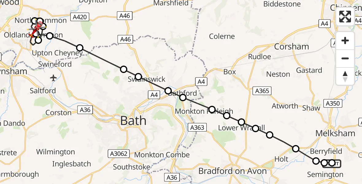 Flight route Air Ambulance Helicopter Wiltshire Air Ambulance - Oldland Common, 21 June 2026, 22:17