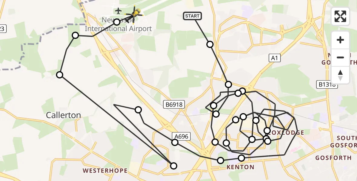 Flight route Police Helicopter Newcastle International Airport - Newcastle International Airport, 21 June 2026, 22:39