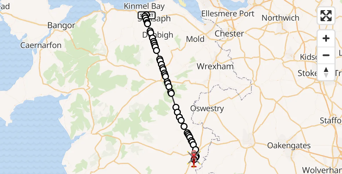 Flight route Air Ambulance Helicopter Ysbyty Glan Clywd Hospital Heliport - Welshpool Airport, 21 June 2026, 23:00