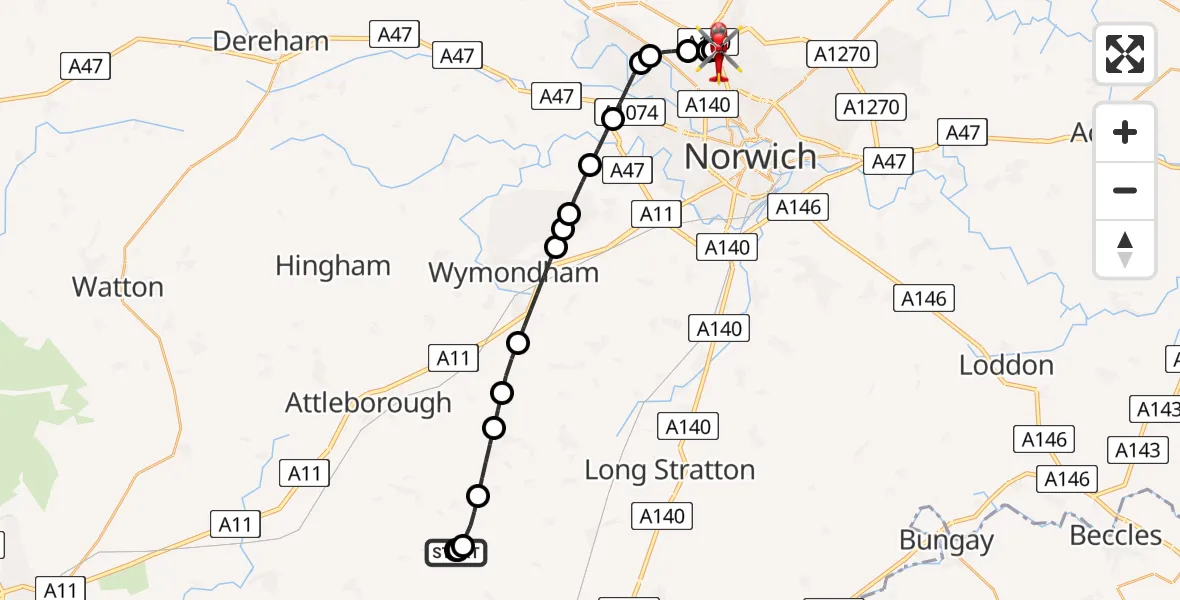 Flight route Air Ambulance Helicopter South Norfolk - Norwich Airport, 21 June 2026, 23:10