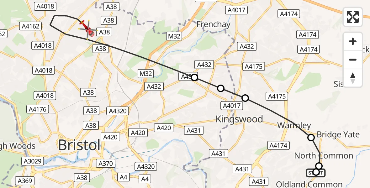 Flight route Air Ambulance Helicopter Warmley - Bristol, 21 June 2026, 23:19