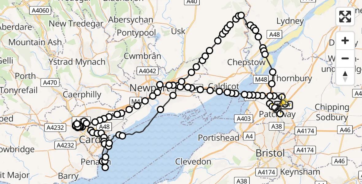 Flight route Police Helicopter Woodlands - Almondsbury Helicopter Base, 21 June 2026, 23:28