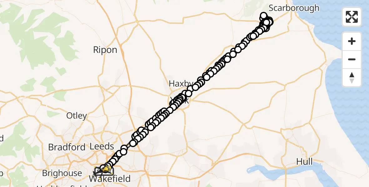 Flight route Police Helicopter Carr Gate - East Ardsley, 21 June 2026, 23:35