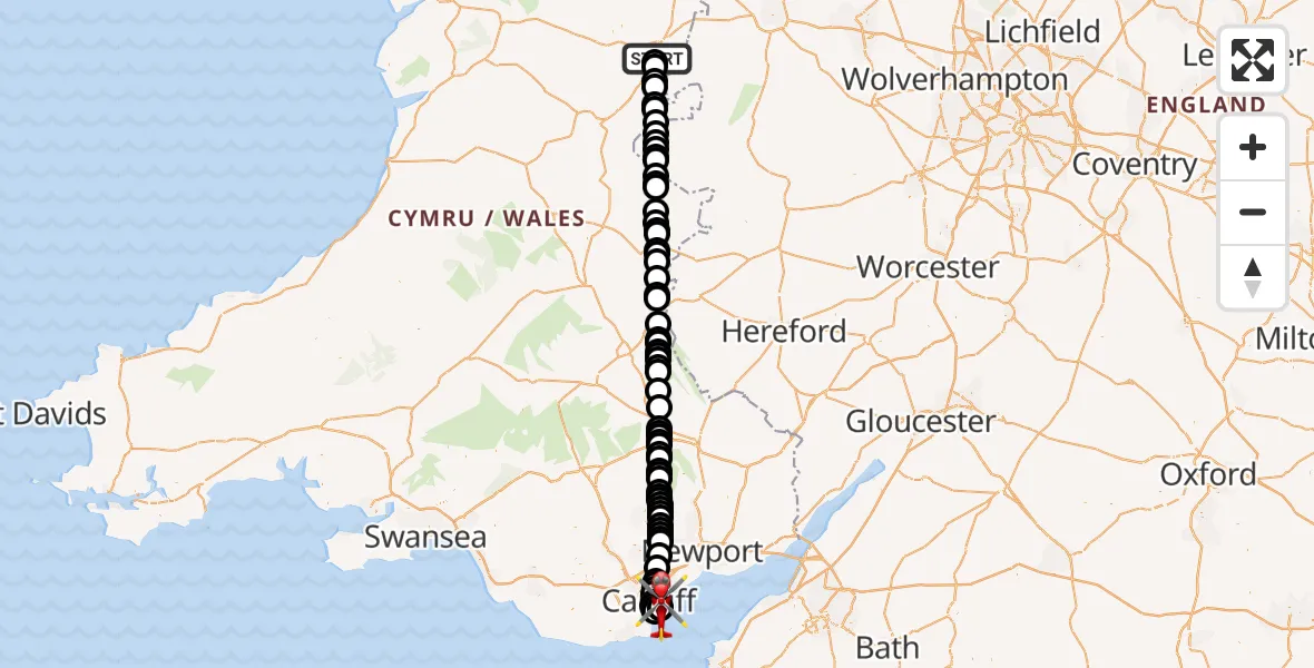 Flight route Air Ambulance Helicopter Welshpool Airport - Cardiff Heliport, 21 June 2026, 23:45