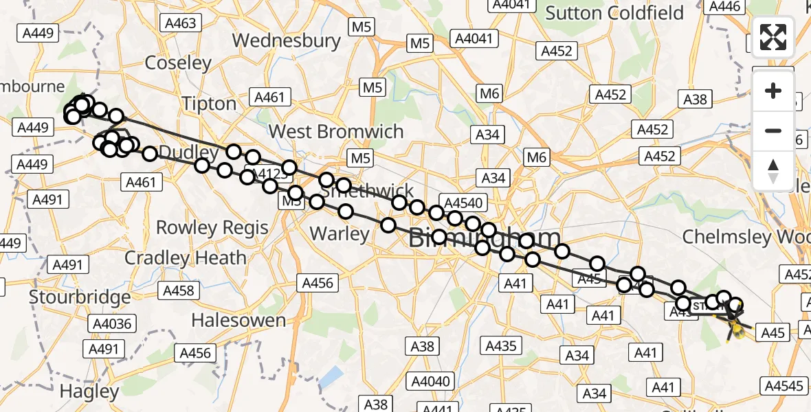 Flight route Police Helicopter Sheldon - Solihull, 21 June 2026, 23:51