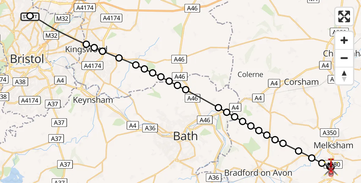 Flight route Air Ambulance Helicopter Southmead Hospital - Wiltshire Air Ambulance, 22 June 2026, 00:14