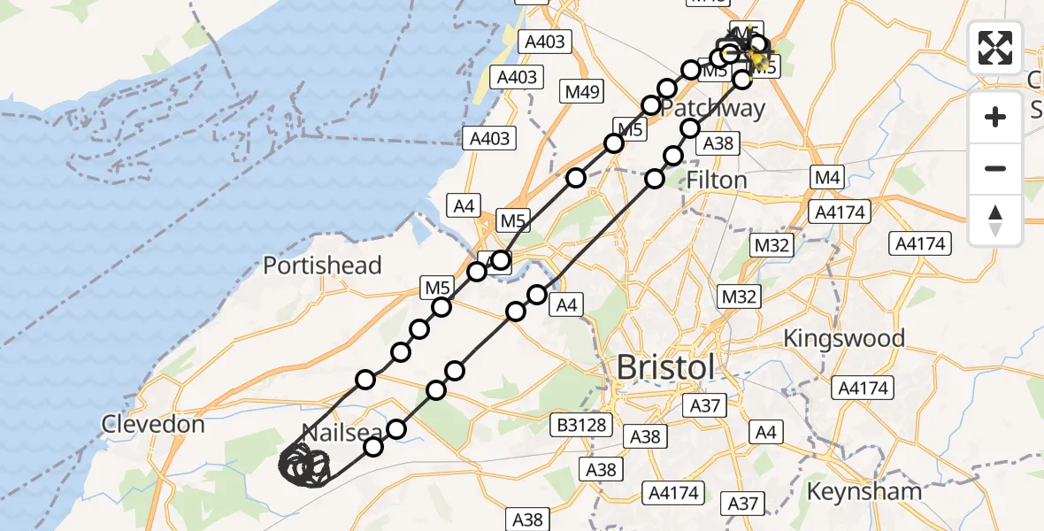 Flight route Police Helicopter Almondsbury Helicopter Base - Almondsbury Helicopter Base, 22 June 2026, 01:28