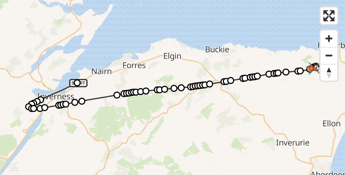 Flight route Coastguard Helicopter Inverness Airport - New Pitsligo, 22 June 2026, 02:57