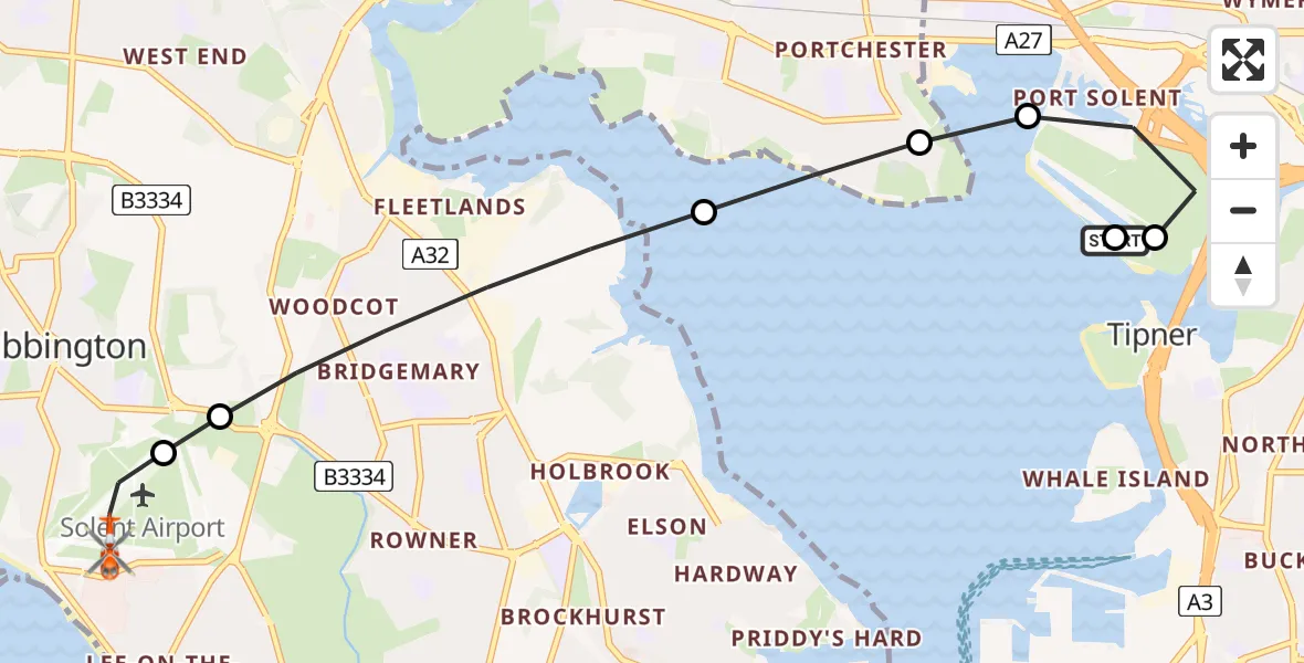Flight route Coastguard Helicopter Tipner - Solent Airport, 22 June 2026, 03:06