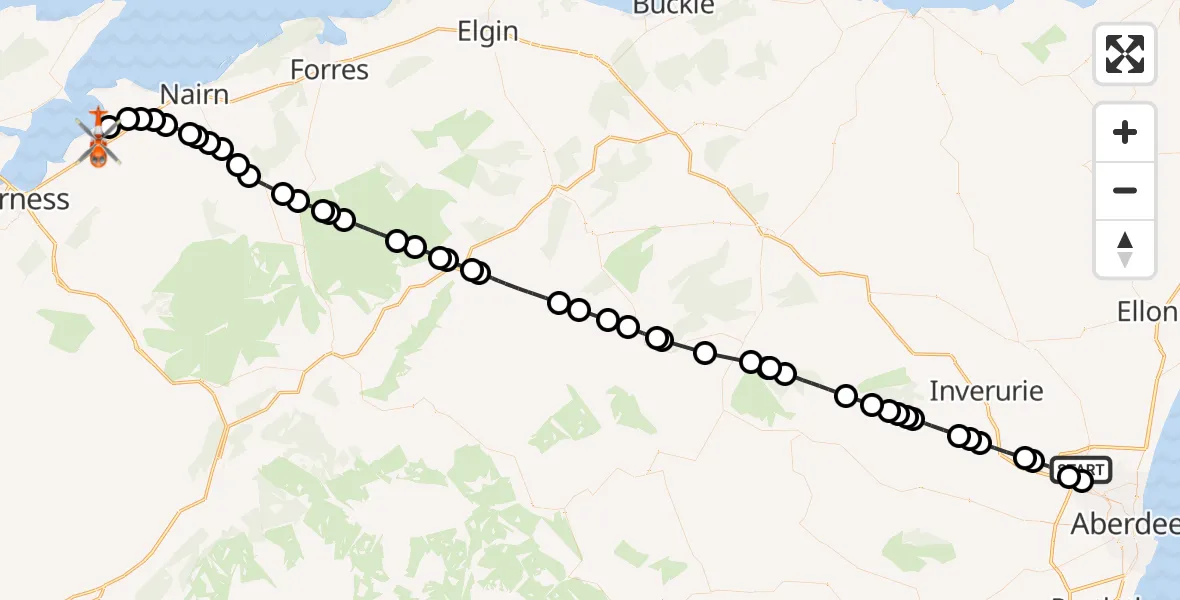 Flight route Coastguard Helicopter Aberdeen International Airport - Inverness Airport, 22 June 2026, 05:37