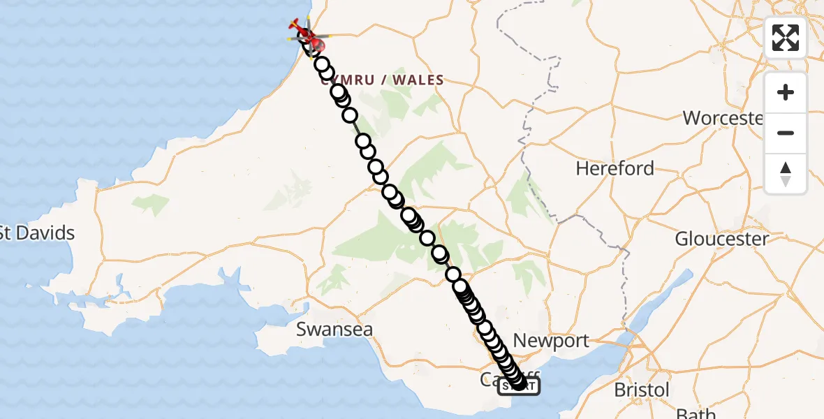 Flight route Air Ambulance Helicopter Cardiff Heliport - Aberystwyth, 22 June 2026, 06:17