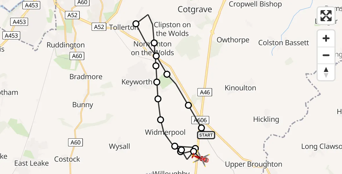 Flight route Air Ambulance Helicopter Hickling - Rushcliffe, 22 June 2026, 06:17