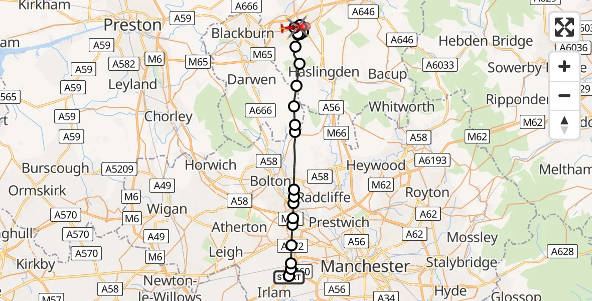 Flight route Air Ambulance Helicopter Manchester Barton Aerodrome - Accrington, 22 June 2026, 06:21