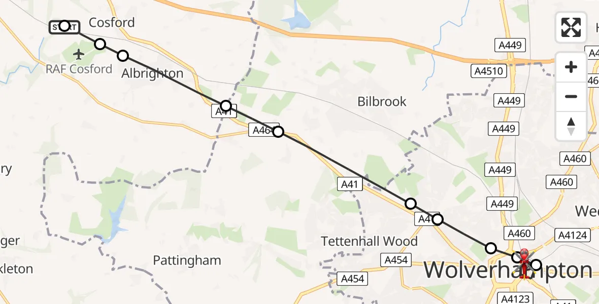 Flight route Air Ambulance Helicopter RAF Cosford - Bilston, 22 June 2026, 06:32