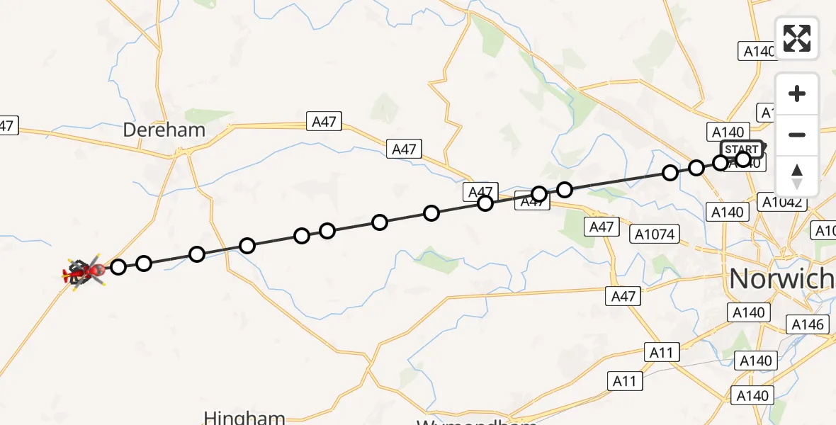 Flight route Air Ambulance Helicopter Norwich Airport - Shipdham, 22 June 2026, 06:50