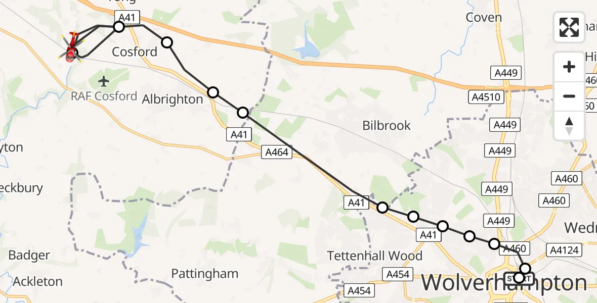 Flight route Air Ambulance Helicopter Bilston - Cosford, 22 June 2026, 07:01
