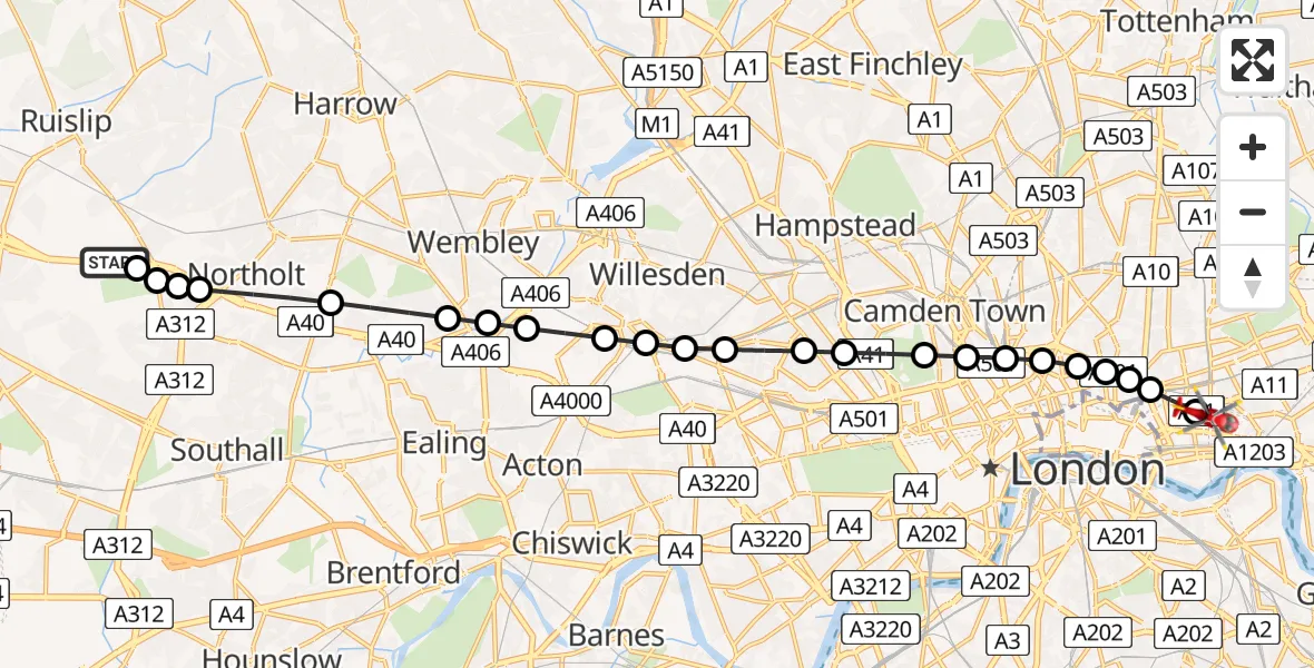 Flight route Air Ambulance Helicopter RAF Northolt - Royal London Hospital, 22 June 2026, 07:13
