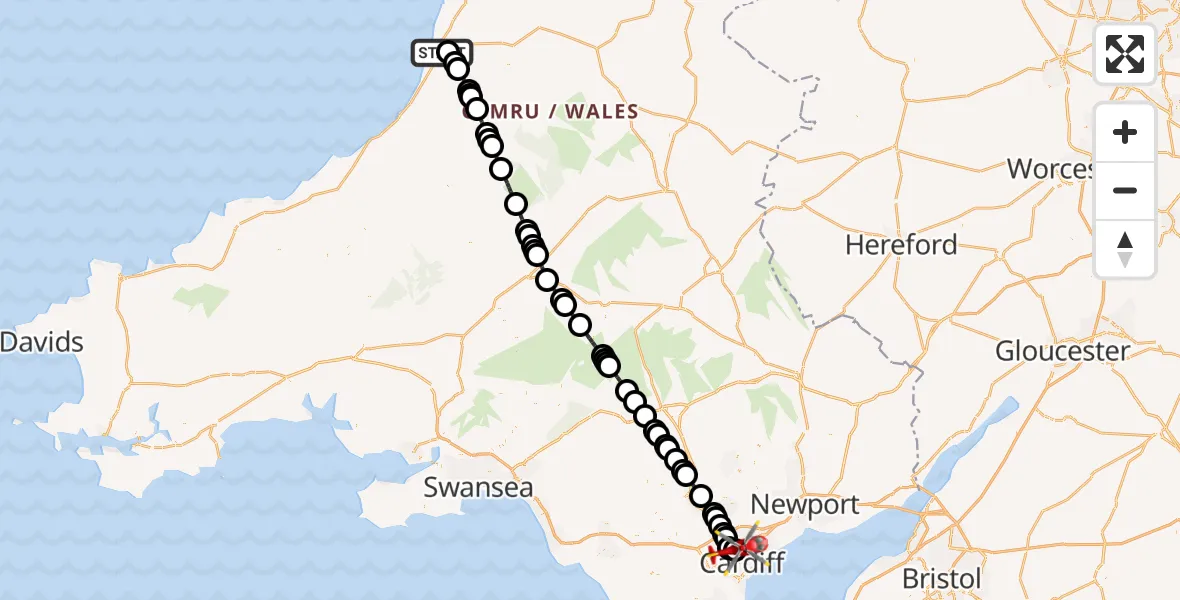 Flight route Air Ambulance Helicopter Aberystwyth - Birchgrove, 22 June 2026, 07:22