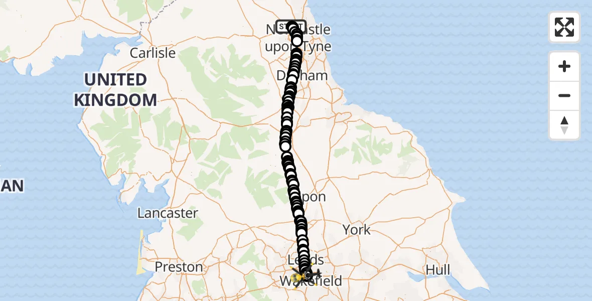 Flight route Police Helicopter Newcastle International Airport - East Ardsley, 22 June 2026, 07:46