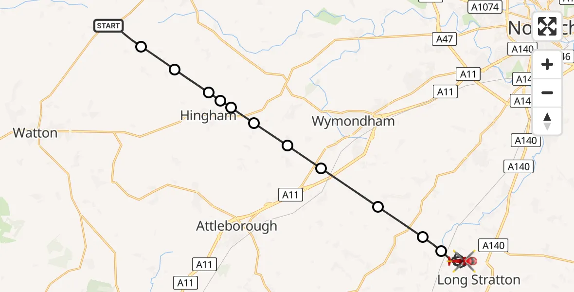 Flight route Air Ambulance Helicopter Shipdham - Tharston, 22 June 2026, 08:13