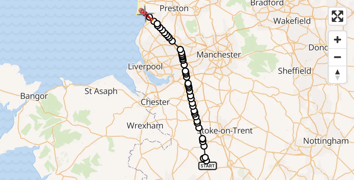 Flight route Air Ambulance Helicopter Stafford - West Lancashire, 22 June 2026, 08:15