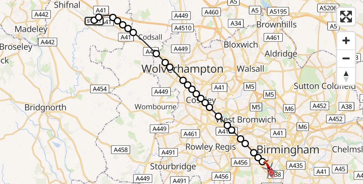 Flight route Air Ambulance Helicopter RAF Cosford - Metchley, 22 June 2026, 08:29