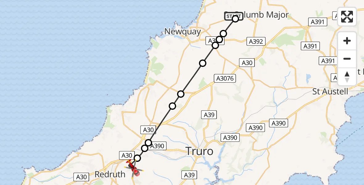 Flight route Air Ambulance Helicopter Cornwall Airport Newquay - Scorrier, 22 June 2026, 08:40