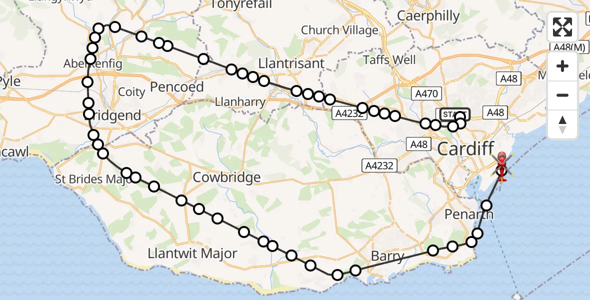 Flight route Air Ambulance Helicopter Birchgrove - Cardiff Heliport, 22 June 2026, 08:43