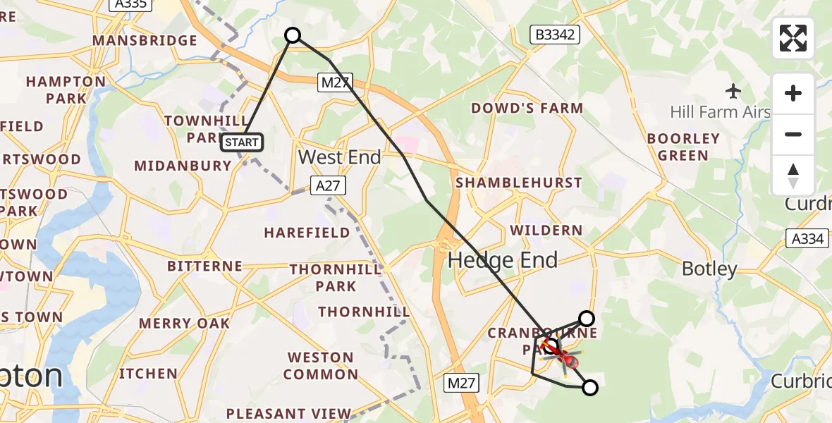 Flight route Air Ambulance Helicopter West End - Hedge End, 22 June 2026, 08:44