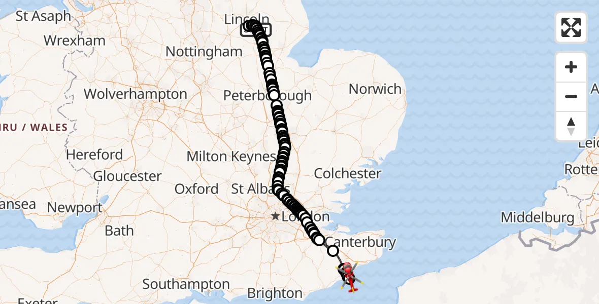 Flight route Air Ambulance Helicopter Dunston - Lydd London Ashford Airport, 22 June 2026, 08:55