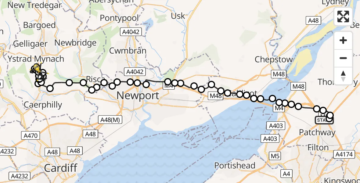 Flight route Police Helicopter Almondsbury Helicopter Base - Ystrad Mynach, 22 June 2026, 08:58