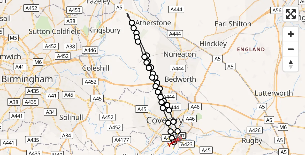 Flight route Air Ambulance Helicopter Willenhall - Coventry Airport, 22 June 2026, 09:02