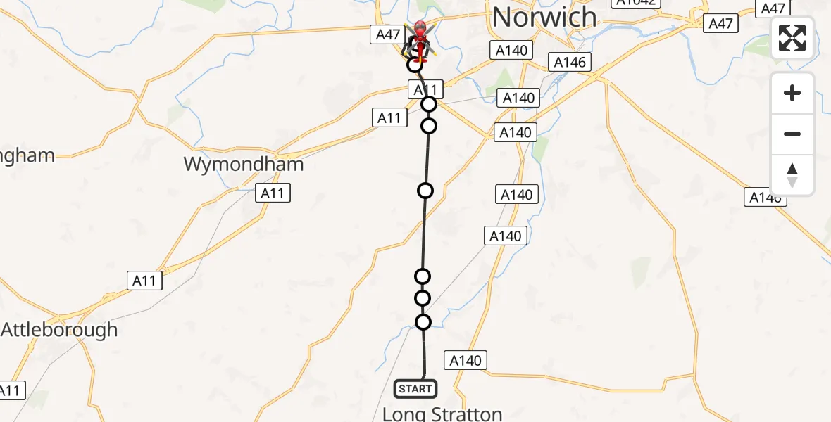Flight route Air Ambulance Helicopter Tharston - Norfolk & Norwich Hospital, 22 June 2026, 09:05