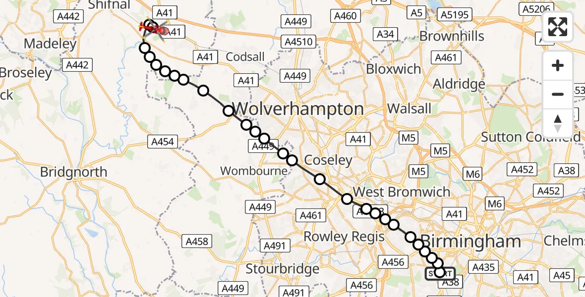 Flight route Air Ambulance Helicopter Queen Elizabeth Hospital Helipad - Cosford, 22 June 2026, 09:14