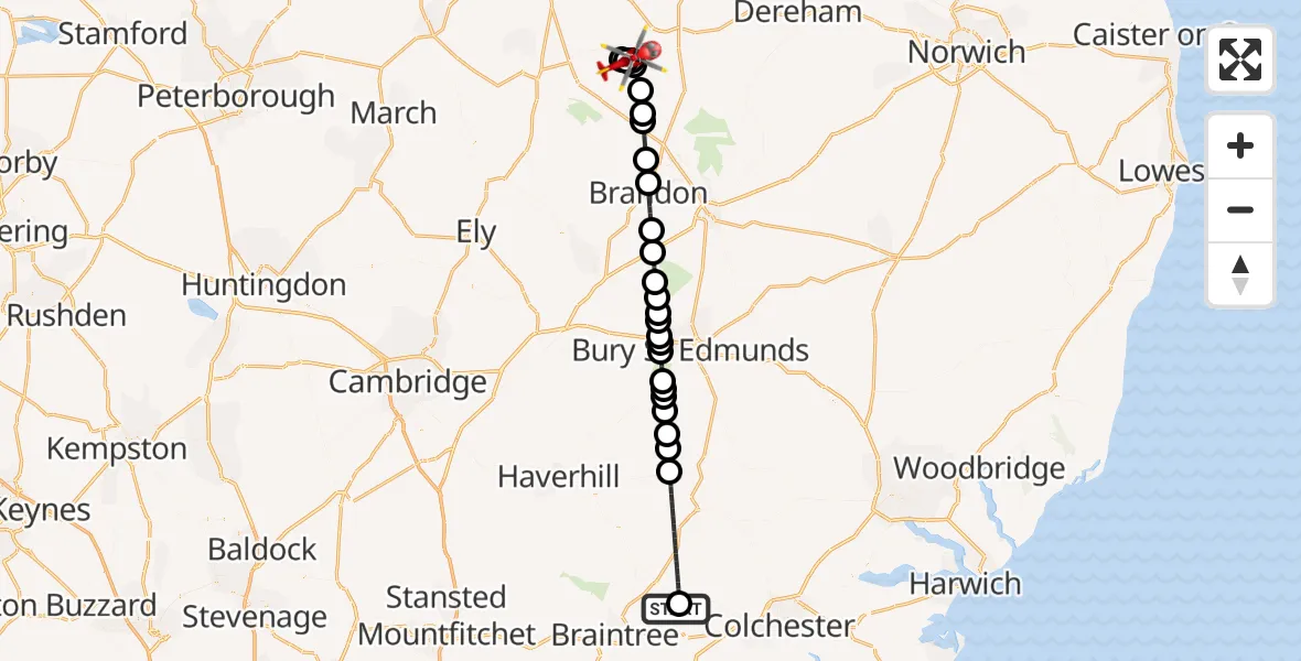 Flight route Air Ambulance Helicopter Earls Colne Airfield - Beachamwell, 22 June 2026, 09:16