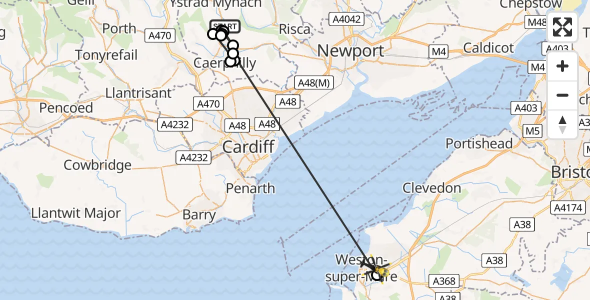 Flight route Police Helicopter Maesycwmmer - Weston-super-Mare, 22 June 2026, 09:24