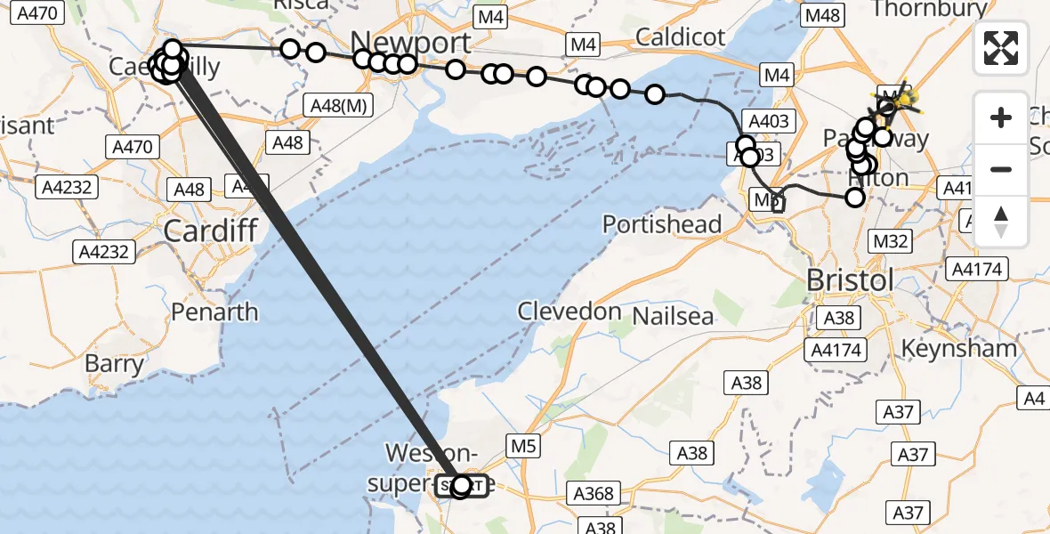 Flight route Police Helicopter Weston-super-Mare - Almondsbury Helicopter Base, 22 June 2026, 09:34