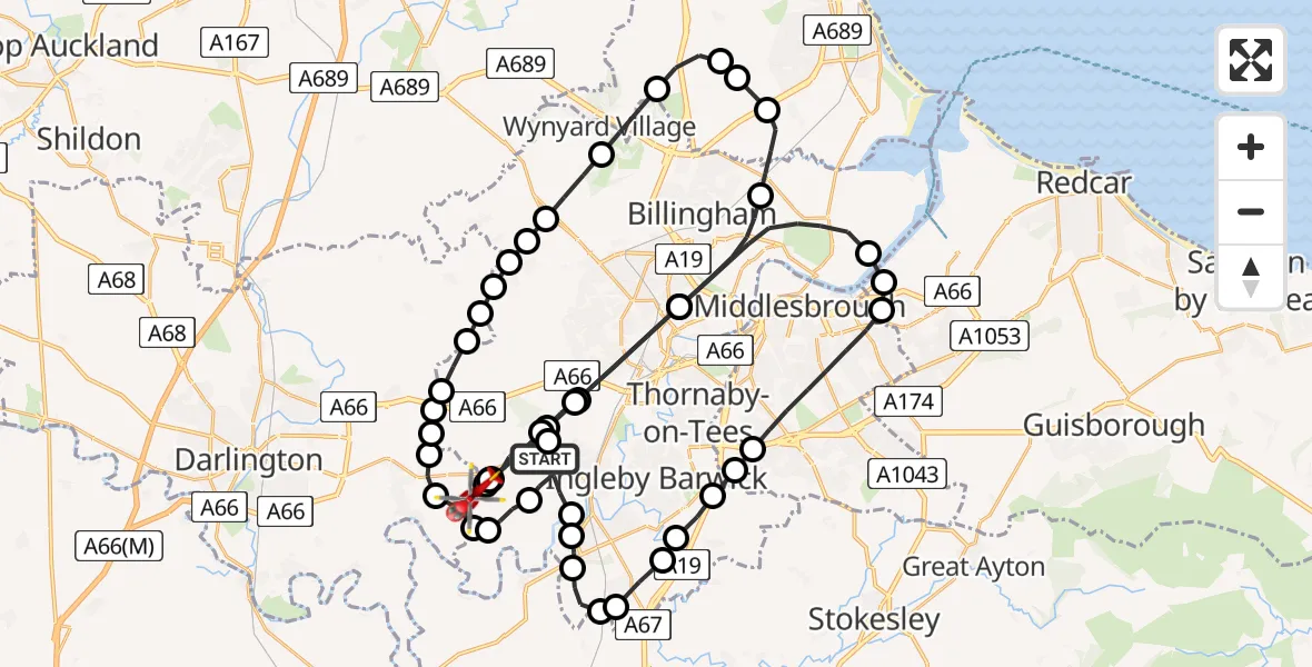 Flight route Air Ambulance Helicopter Egglescliffe - Teesside International Airport, 22 June 2026, 09:37