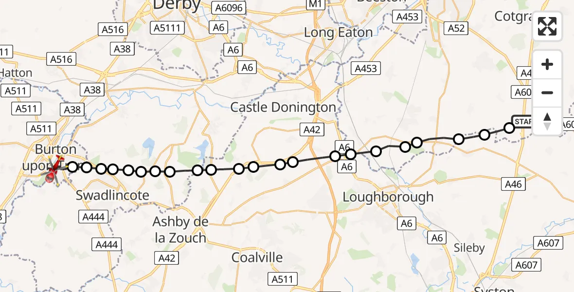 Flight route Air Ambulance Helicopter Rushcliffe - Burton upon Trent, 22 June 2026, 09:41